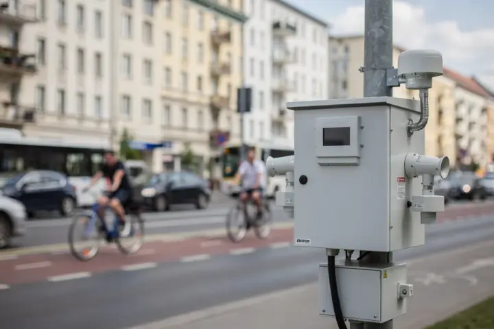 Luftmessstation an einer Berliner Straße mit Verkehr im Hintergrund und Häusern am Straßenrand