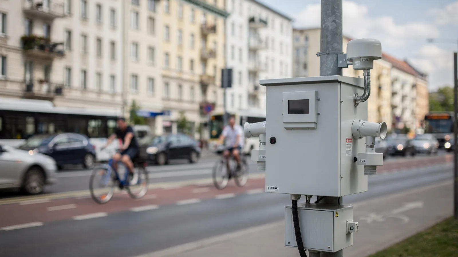 Luftmessstation an einer Berliner Straße mit Verkehr im Hintergrund und Häusern am Straßenrand