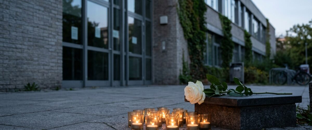 Margot-Friedländer-Gymnasium: Kerzen und eine weiße Rose vor einer Schulfassade im Abendlicht als Symbol für Erinnerungskultur in Berlin, ohne lesbare Schilder und ohne Personen