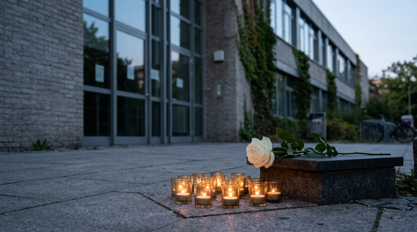 Margot-Friedländer-Gymnasium: Kerzen und eine weiße Rose vor einer Schulfassade im Abendlicht als Symbol für Erinnerungskultur in Berlin, ohne lesbare Schilder und ohne Personen