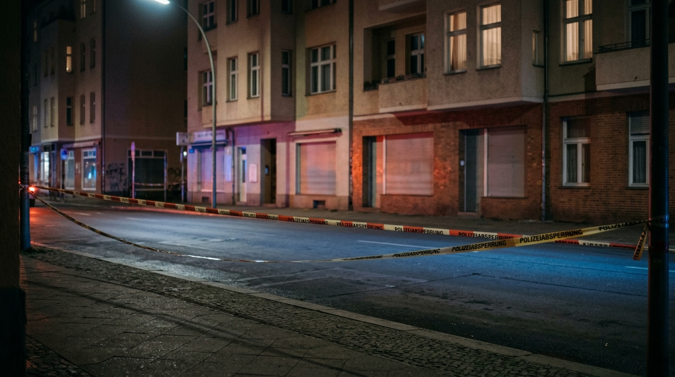 Menschenhandel in Restaurants Berlin: Blaulicht und Absperrband bei Nacht an einer menschenleeren Berliner Straße, saubere leere Fahrbahn ohne Gegenstände und ohne Spuren