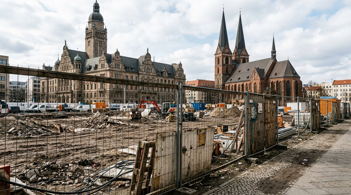 Molkenmarkt in Berlin-Mitte: Brachfläche mit Bauzaun vor den Türmen der Nikolaikirche und dem Alten Stadthaus, ohne Menschen