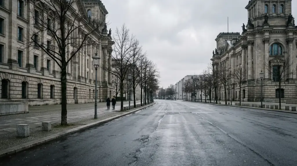 Blick entlang der Niederkirchnerstraße mit historischen Steinbauten und gepflastertem Bürgersteig bei Tageslicht.