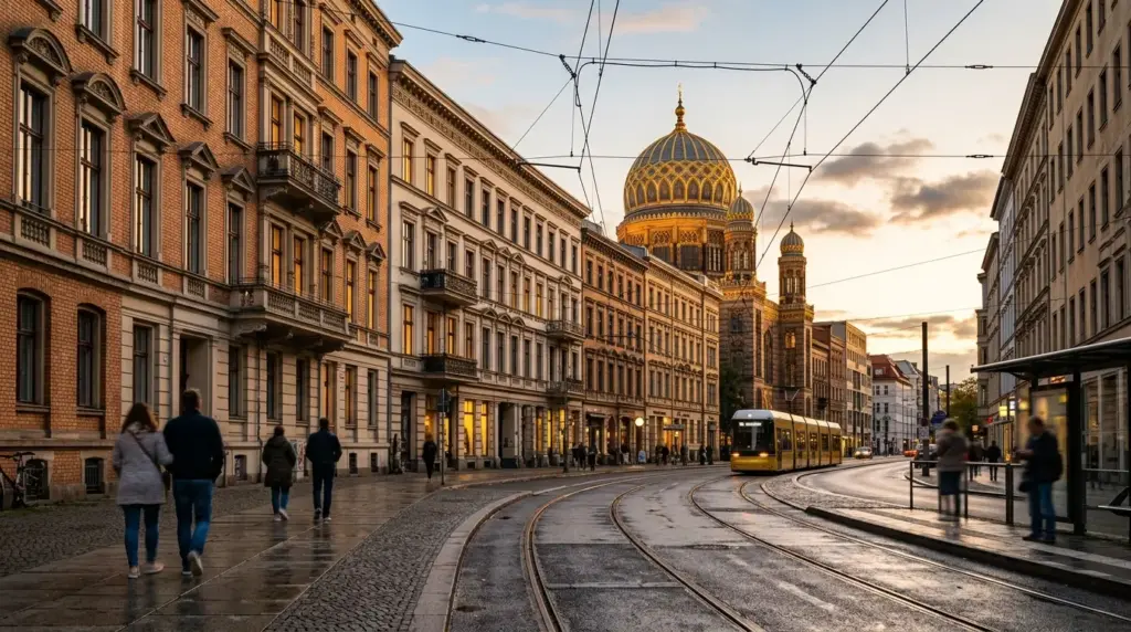 Abendliche Oranienburger Straße mit Straßenbahnschienen und der Kuppel der Neuen Synagoge im Hintergrund.