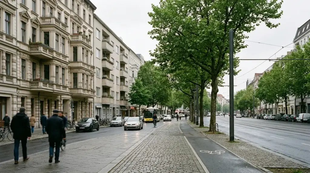 Die breite Otto-Suhr-Allee mit mehrspuriger Fahrbahn, Radweg, Baumbestand und gemischten Mietshaussfassaden.