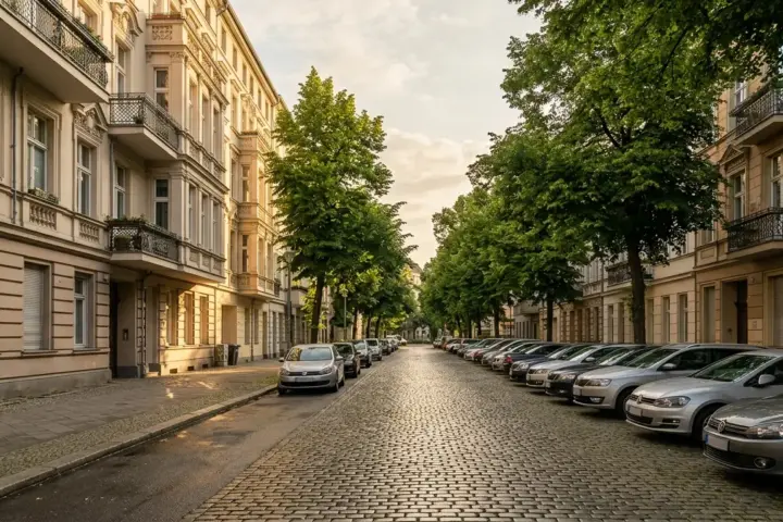 Parkende Autos am Straßenrand einer Berliner Altbaustraße im Morgenlicht für den Anwohnerparkausweis Berlin.