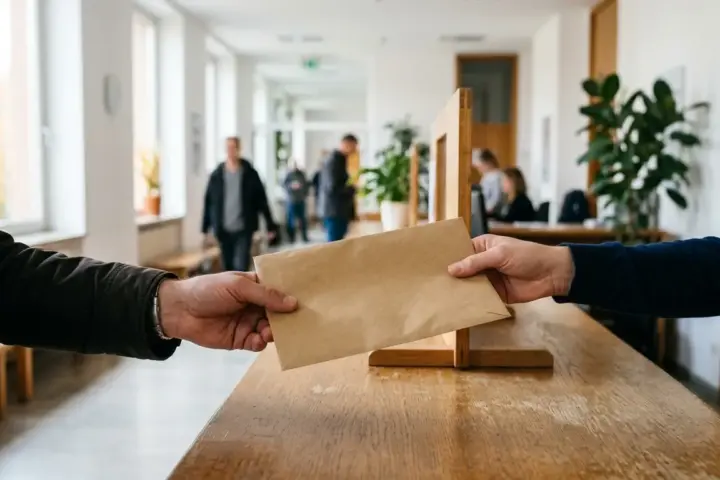 Eine Hand nimmt an einem hellen Holzschalter im Bürgeramt einen braunen Umschlag für den Personalausweis Berlin entgegen.