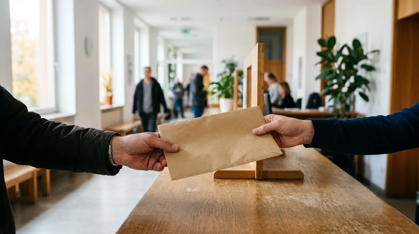 Eine Hand nimmt an einem hellen Holzschalter im Bürgeramt einen braunen Umschlag für den Personalausweis Berlin entgegen.