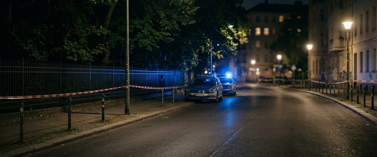 Raub im Görlitzer Park: Blaulicht und Absperrband bei Nacht an einer menschenleeren Straße in Kreuzberg, saubere leere Fahrbahn ohne Gegenstände und ohne Spuren