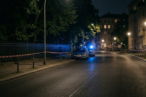 Raub im Görlitzer Park: Blaulicht und Absperrband bei Nacht an einer menschenleeren Straße in Kreuzberg, saubere leere Fahrbahn ohne Gegenstände und ohne Spuren