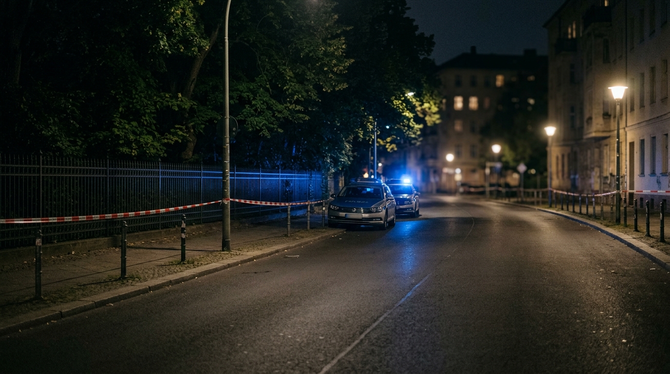 Raub im Görlitzer Park: Blaulicht und Absperrband bei Nacht an einer menschenleeren Straße in Kreuzberg, saubere leere Fahrbahn ohne Gegenstände und ohne Spuren