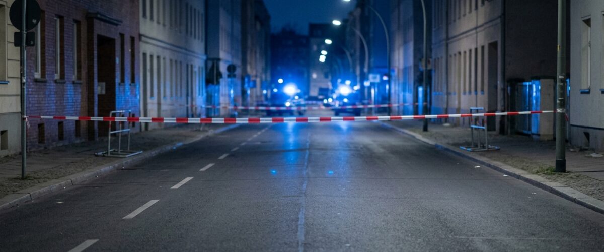 Raub mit Schusswaffe Spandau: Blaulicht und Absperrband bei Nacht an einer menschenleeren Berliner Straße, saubere leere Fahrbahn ohne Gegenstände und ohne Spuren