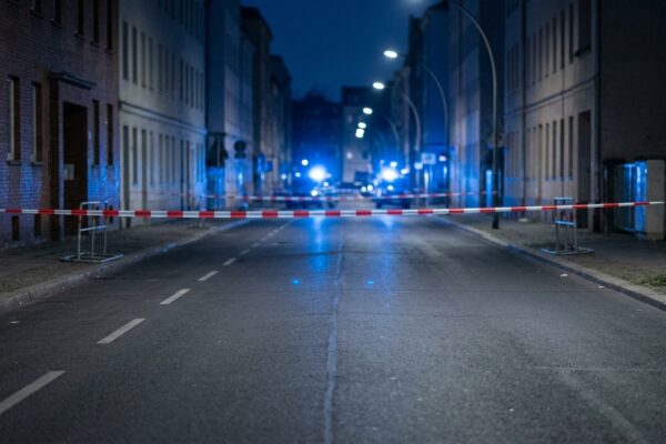 Raub mit Schusswaffe Spandau: Blaulicht und Absperrband bei Nacht an einer menschenleeren Berliner Straße, saubere leere Fahrbahn ohne Gegenstände und ohne Spuren