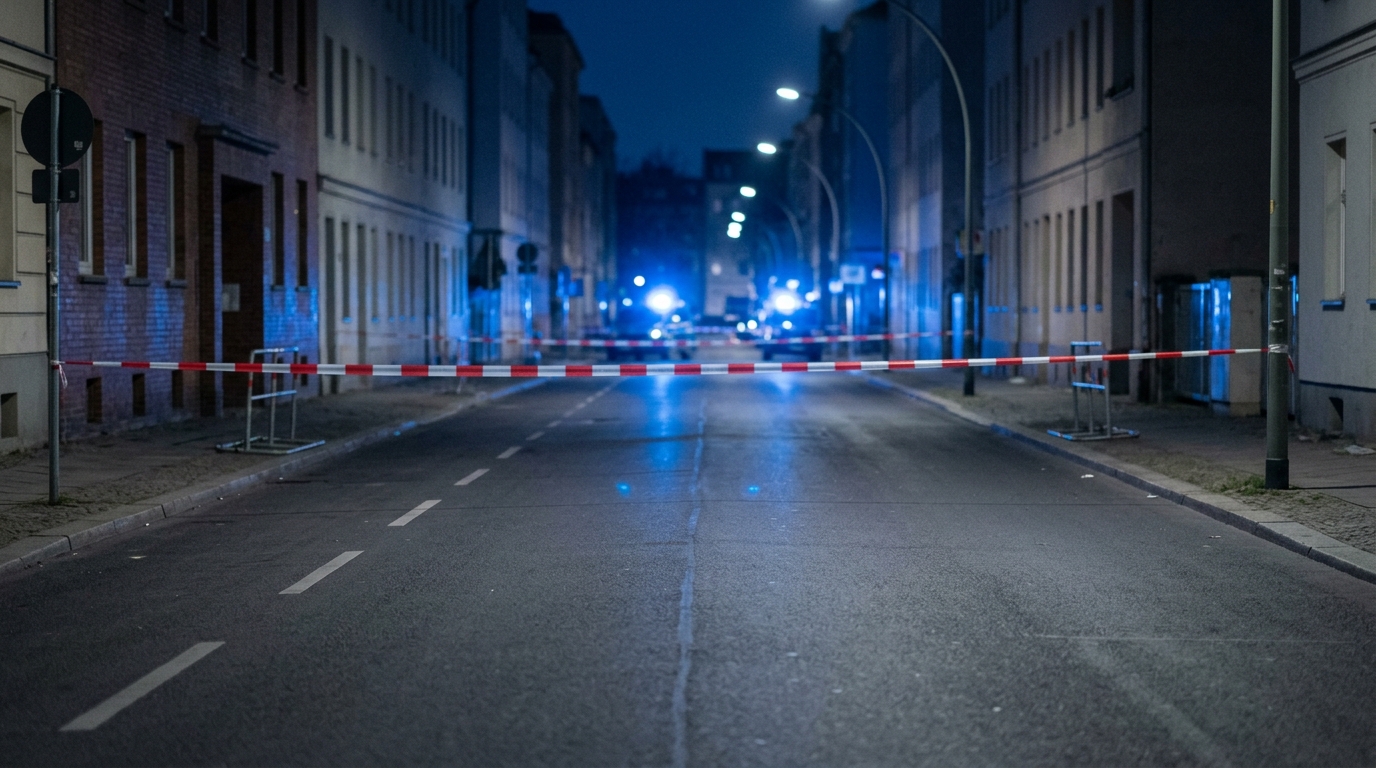 Raub mit Schusswaffe Spandau: Blaulicht und Absperrband bei Nacht an einer menschenleeren Berliner Straße, saubere leere Fahrbahn ohne Gegenstände und ohne Spuren