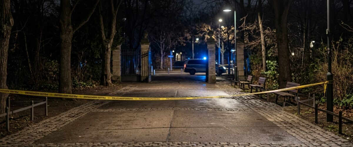 Raubüberfall im Mauerpark: Blaulicht und Absperrband bei Nacht an einem menschenleeren Park-Eingang, saubere leere Wege ohne Gegenstände und ohne Spuren