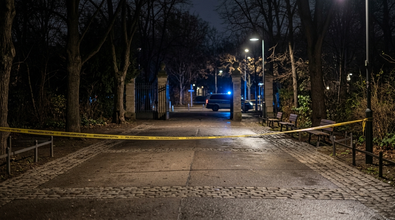 Raubüberfall im Mauerpark: Blaulicht und Absperrband bei Nacht an einem menschenleeren Park-Eingang, saubere leere Wege ohne Gegenstände und ohne Spuren