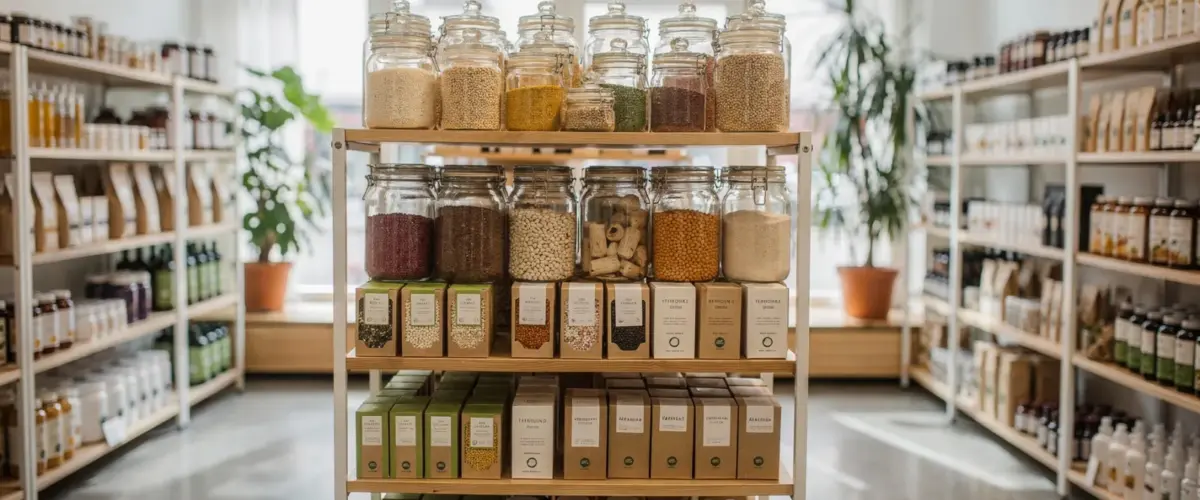 Reformwaren im Bio-Laden mit Naturkost, Tees und Naturkosmetik in Regalen.