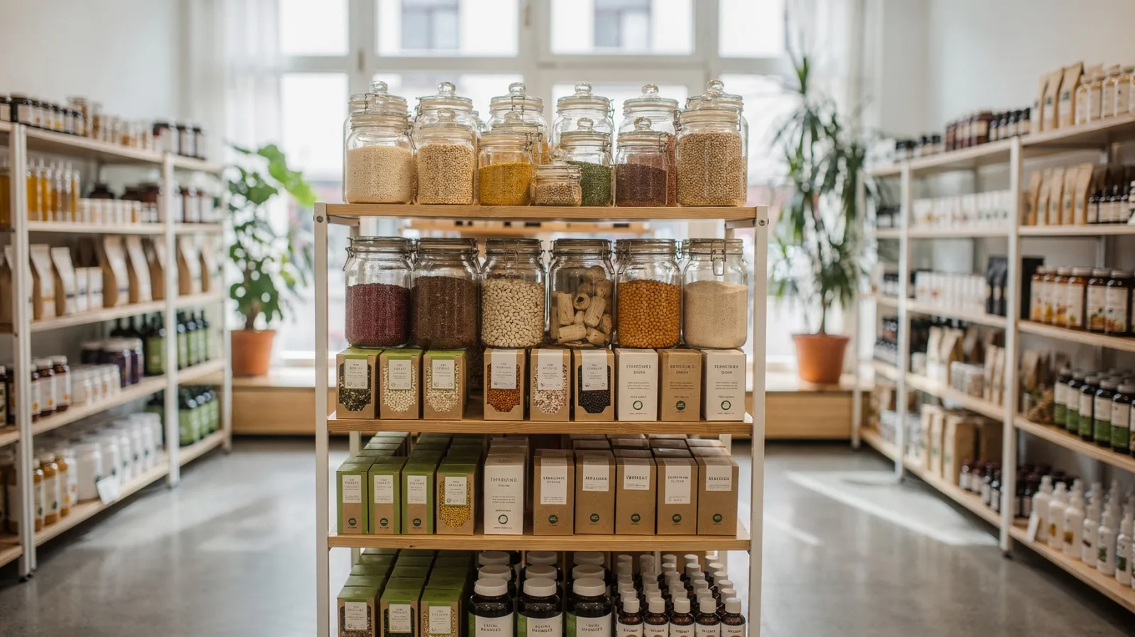 Reformwaren im Bio-Laden mit Naturkost, Tees und Naturkosmetik in Regalen.