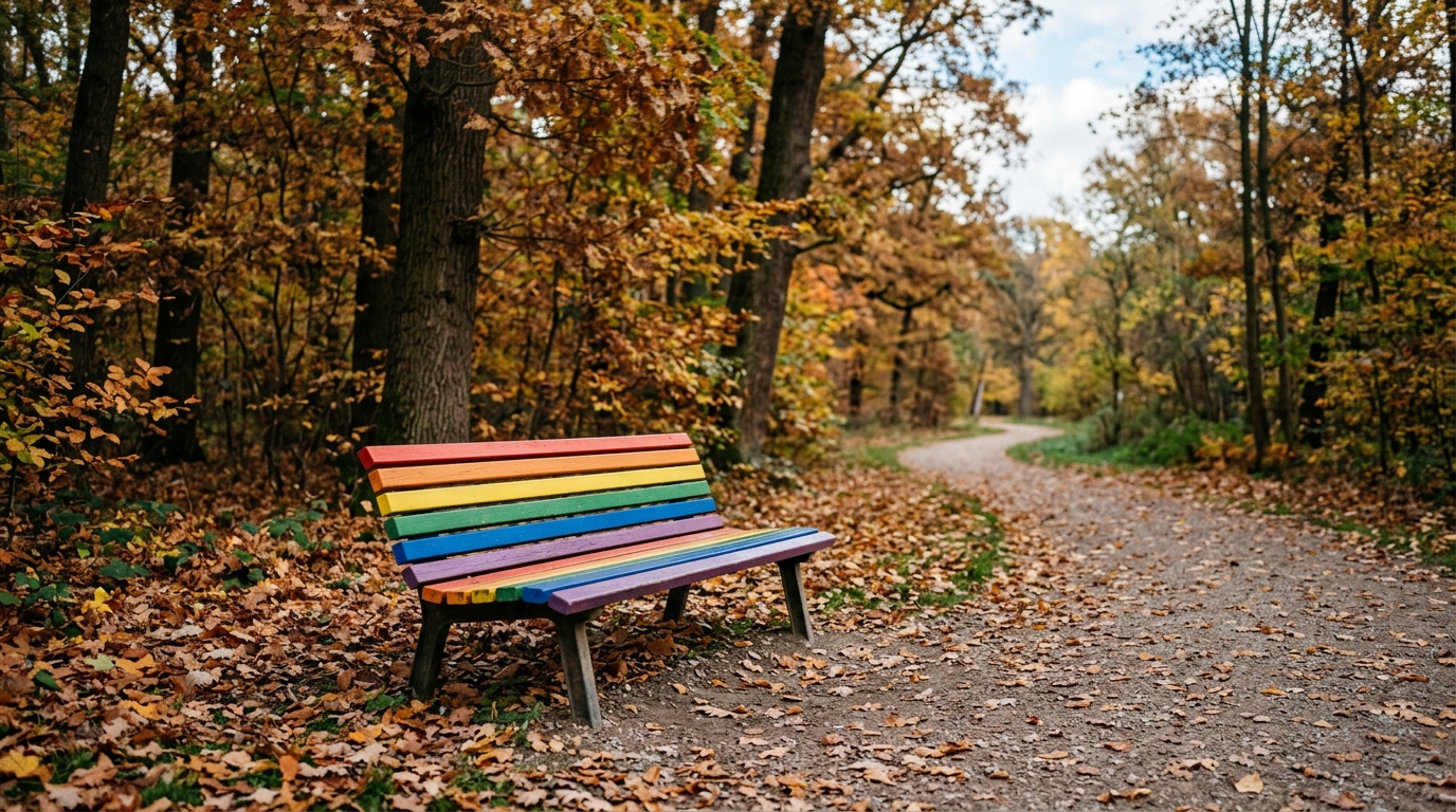 Regenbogenbank Tiergarten: bunte Gedenkbank mit Pride-Farben auf einem Weg im Großen Tiergarten, Herbstlaub, keine Personen zu sehen