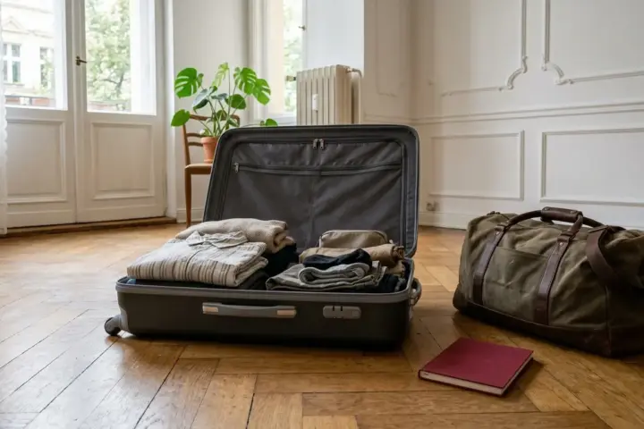 Ein offener Reisekoffer und ein rotes Passdokument auf Parkett in einer Wohnung für den Reisepass Berlin.