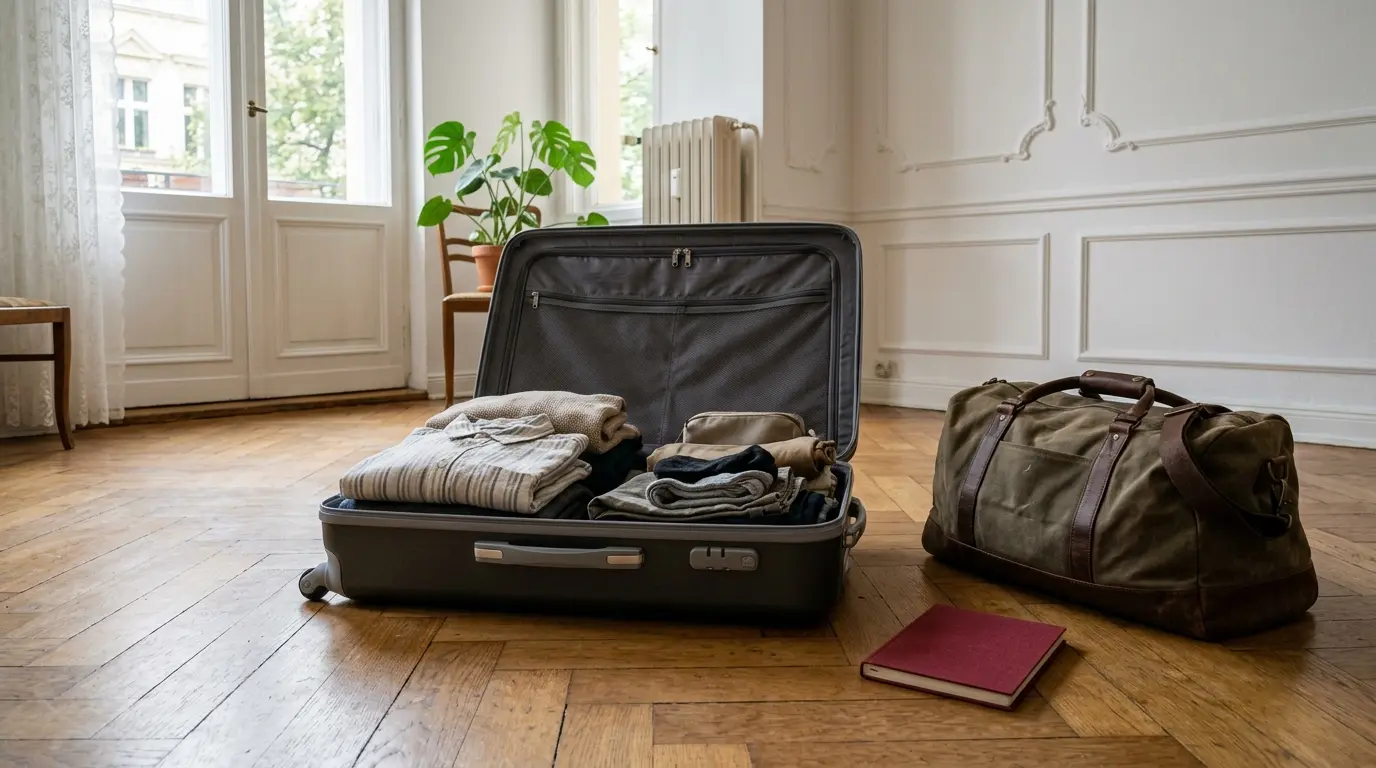 Ein offener Reisekoffer und ein rotes Passdokument auf Parkett in einer Wohnung für den Reisepass Berlin.