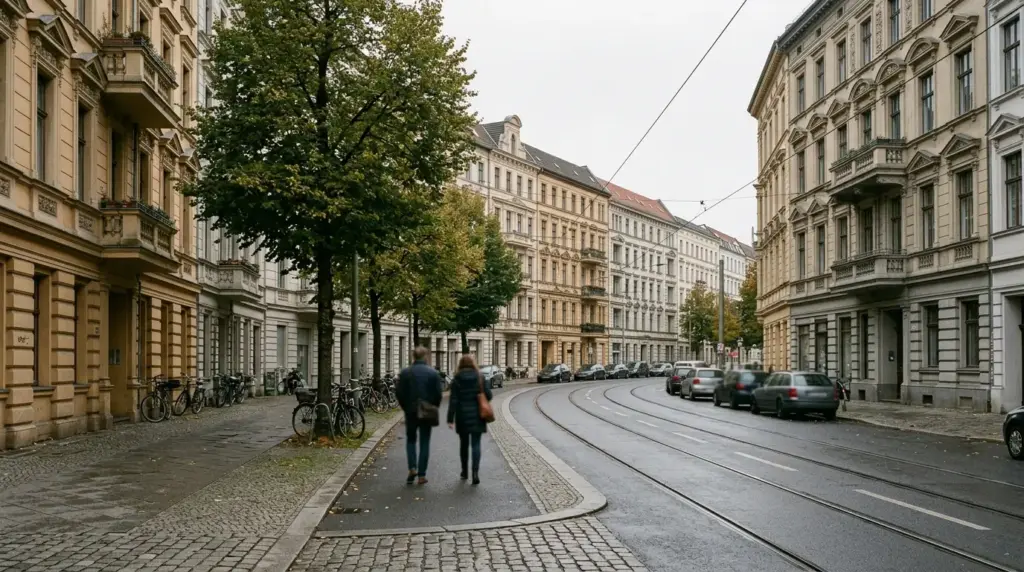 Altbauten und Straßenbahnschienen prägen den Straßenverlauf der belebten Rosenthaler Straße in Berlin-Mitte.
