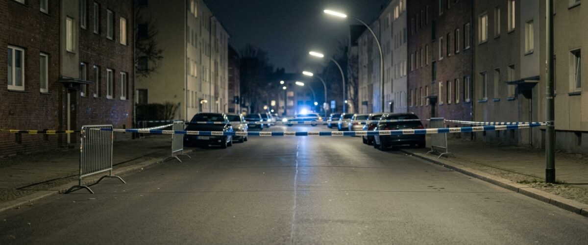 Scheinankäufe Drogenlieferdienst Berlin: Blaulicht und Absperrband bei Nacht an einer menschenleeren Berliner Straße, saubere leere Fahrbahn ohne Gegenstände und ohne Spuren