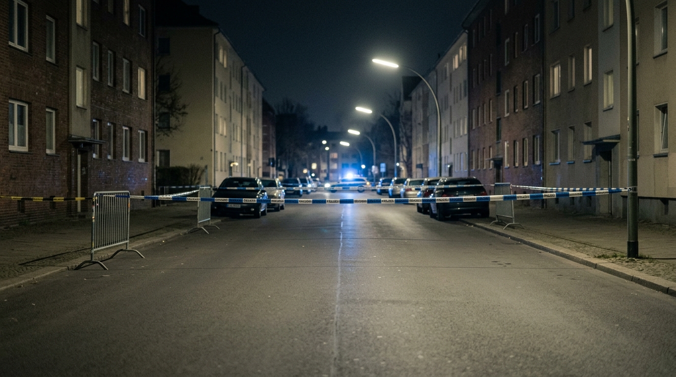 Scheinankäufe Drogenlieferdienst Berlin: Blaulicht und Absperrband bei Nacht an einer menschenleeren Berliner Straße, saubere leere Fahrbahn ohne Gegenstände und ohne Spuren