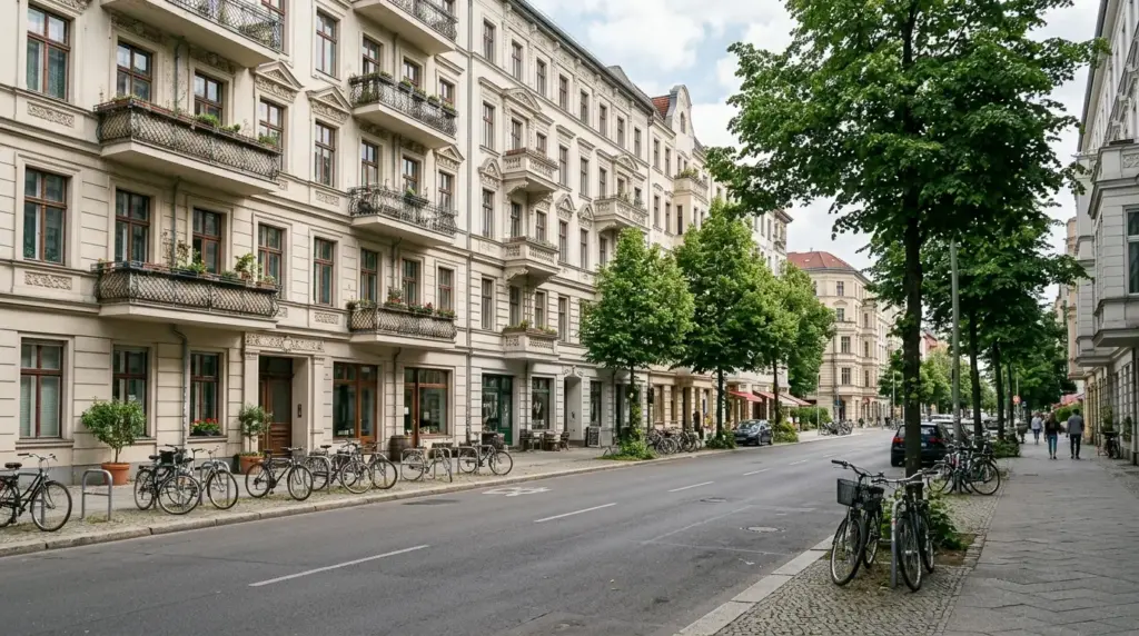 Altbauten mit Schmuckbalkonen und geparkte Fahrräder an der belebten Schlesischen Straße im Tageslicht.