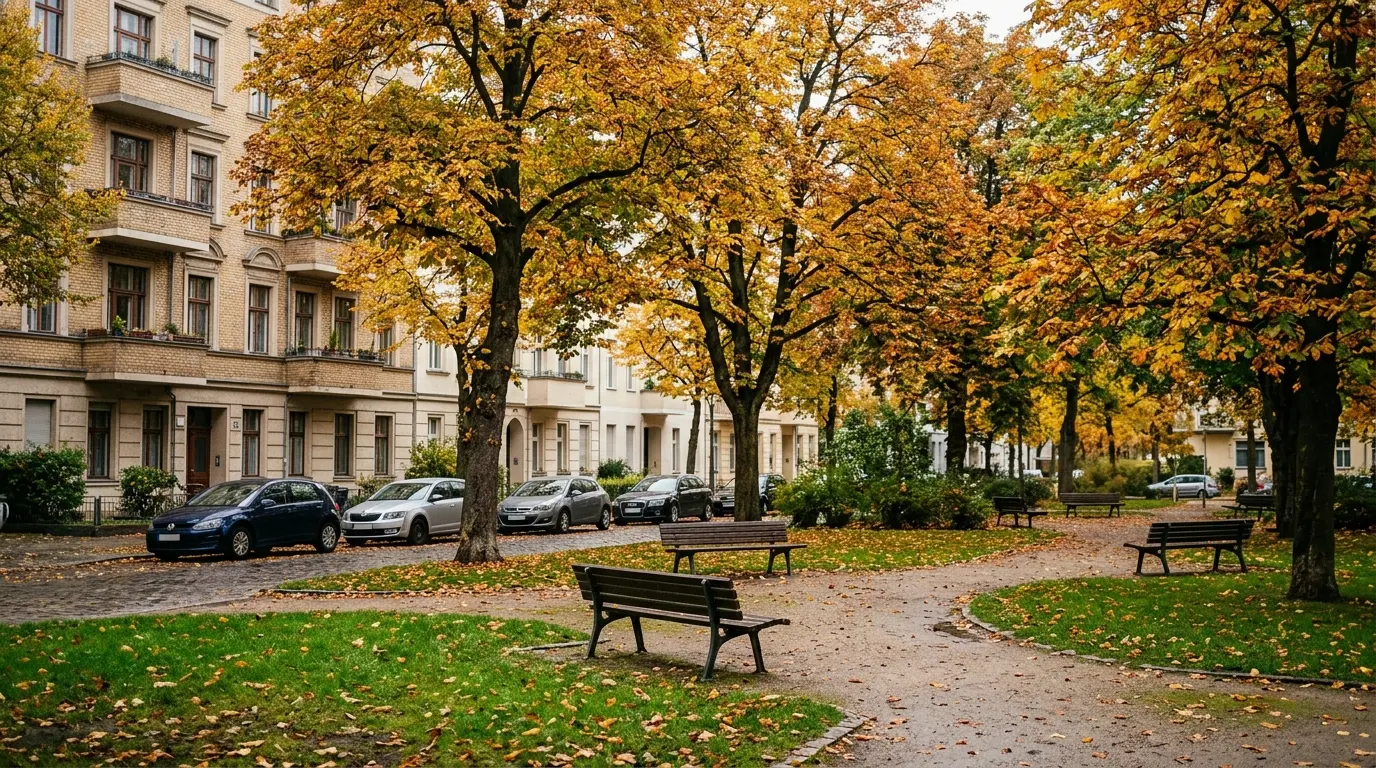 Grünanlage am Schmollerplatz mit Parkbänken und Laubbäumen, im Hintergrund parken Autos vor Altbauten.