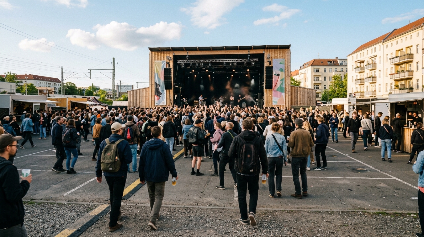 SchöneBeats Festival: Bühne und Besucher auf einem umgestalteten Parkplatz in Berlin am Nachmittag