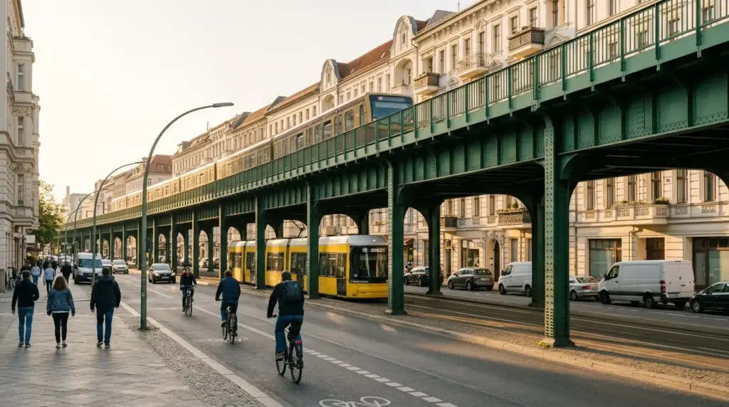 Die Schönhauser Allee in Berlin mit grünem Hochbahn-Viadukt, Altbaufassaden und einer Straßenbahn im Nachmittagslicht.
