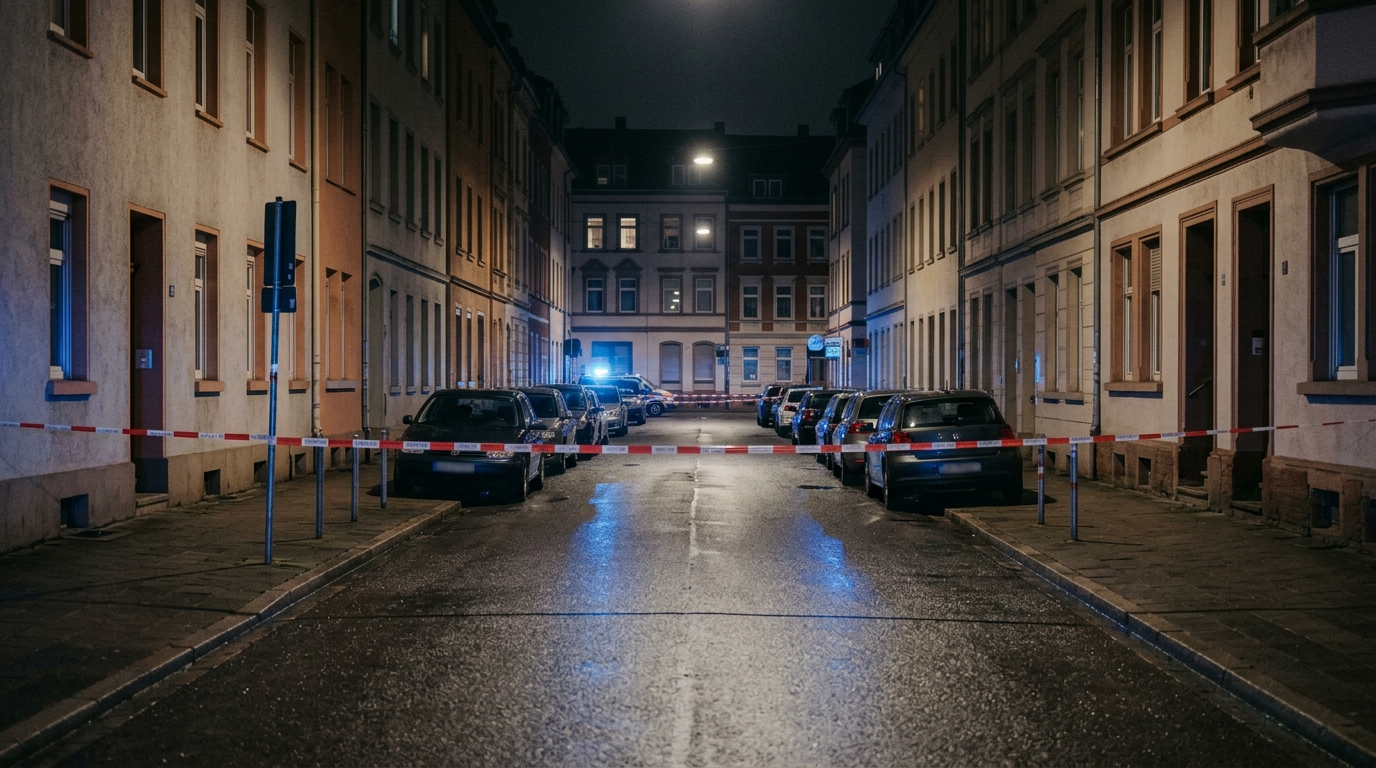 Schüsse in der Düppelstraße: Blaulicht und Absperrband bei Nacht an einer menschenleeren Berliner Straße, saubere leere Fahrbahn ohne Gegenstände und ohne Spuren