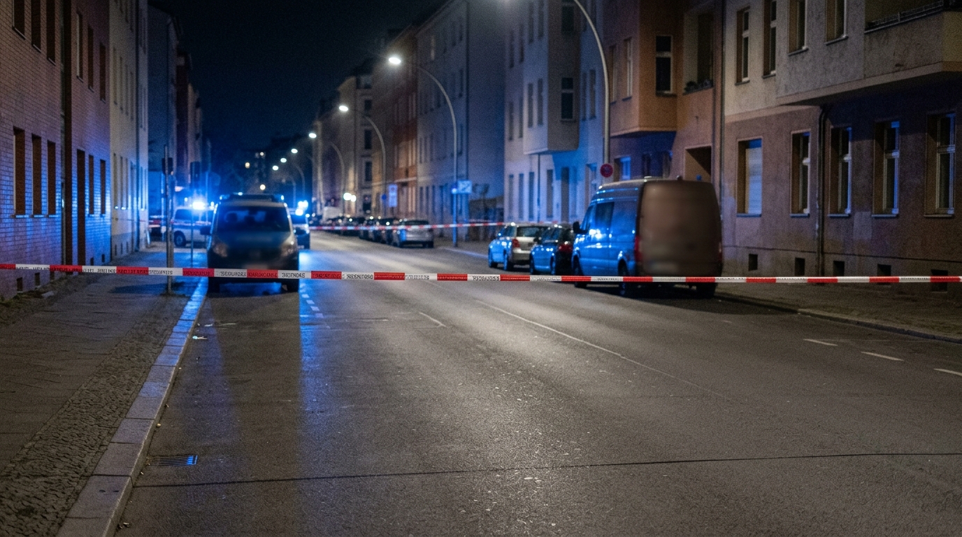 Schüsse Sonnenallee: Blaulicht und Absperrband bei Nacht an einer menschenleeren Berliner Straße, saubere leere Fahrbahn ohne Gegenstände und ohne Spuren