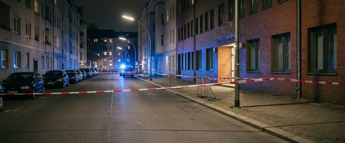 Schüsse vor Polizeiwache Moabit: Blaulicht und Absperrband bei Nacht an einer menschenleeren Berliner Straße, saubere leere Fahrbahn ohne Gegenstände und ohne Spuren