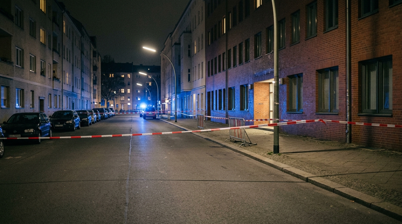 Schüsse vor Polizeiwache Moabit: Blaulicht und Absperrband bei Nacht an einer menschenleeren Berliner Straße, saubere leere Fahrbahn ohne Gegenstände und ohne Spuren