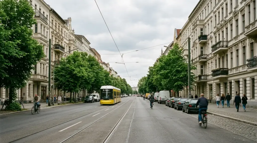 Breiter Straßenzug der Seestraße mit fünfgeschossigen Altbaufassaden, Straßenbahnschienen und schattigen Alleebäumen.