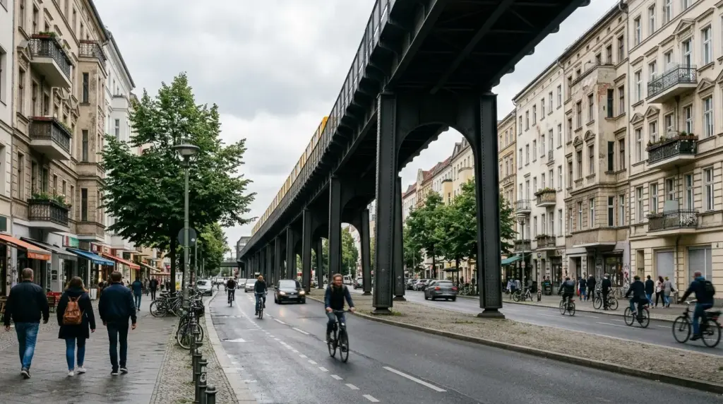 Die Skalitzer Straße in Berlin-Kreuzberg mit dem grünen Hochbahnviadukt und Altbauten.