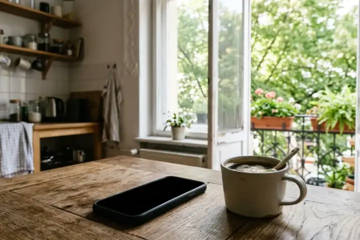 Smartphone mit dunklem Display neben Kaffeetasse auf Holztisch für den Online-Abruf der Meldebescheinigung Berlin.