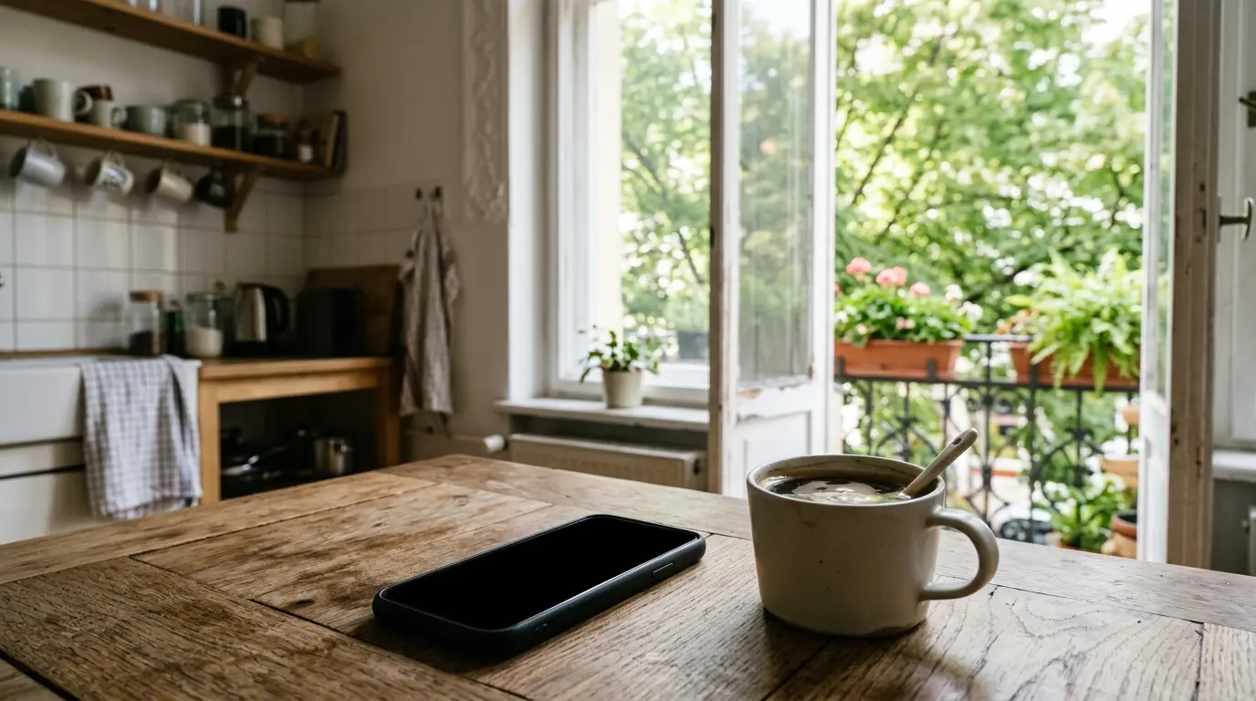 Smartphone mit dunklem Display neben Kaffeetasse auf Holztisch für den Online-Abruf der Meldebescheinigung Berlin.