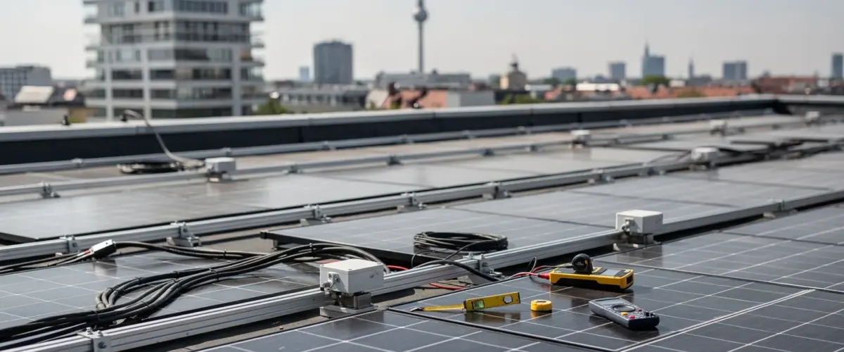 Berliner Wohnhausdach mit Solarmodulen und Blick auf die Stadt bei der Planung einer Solaranlage