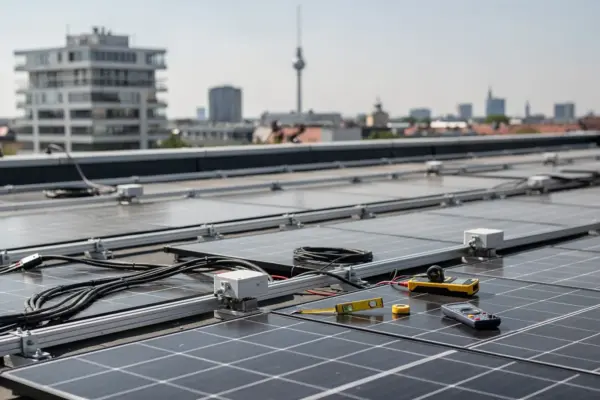 Berliner Wohnhausdach mit Solarmodulen und Blick auf die Stadt bei der Planung einer Solaranlage