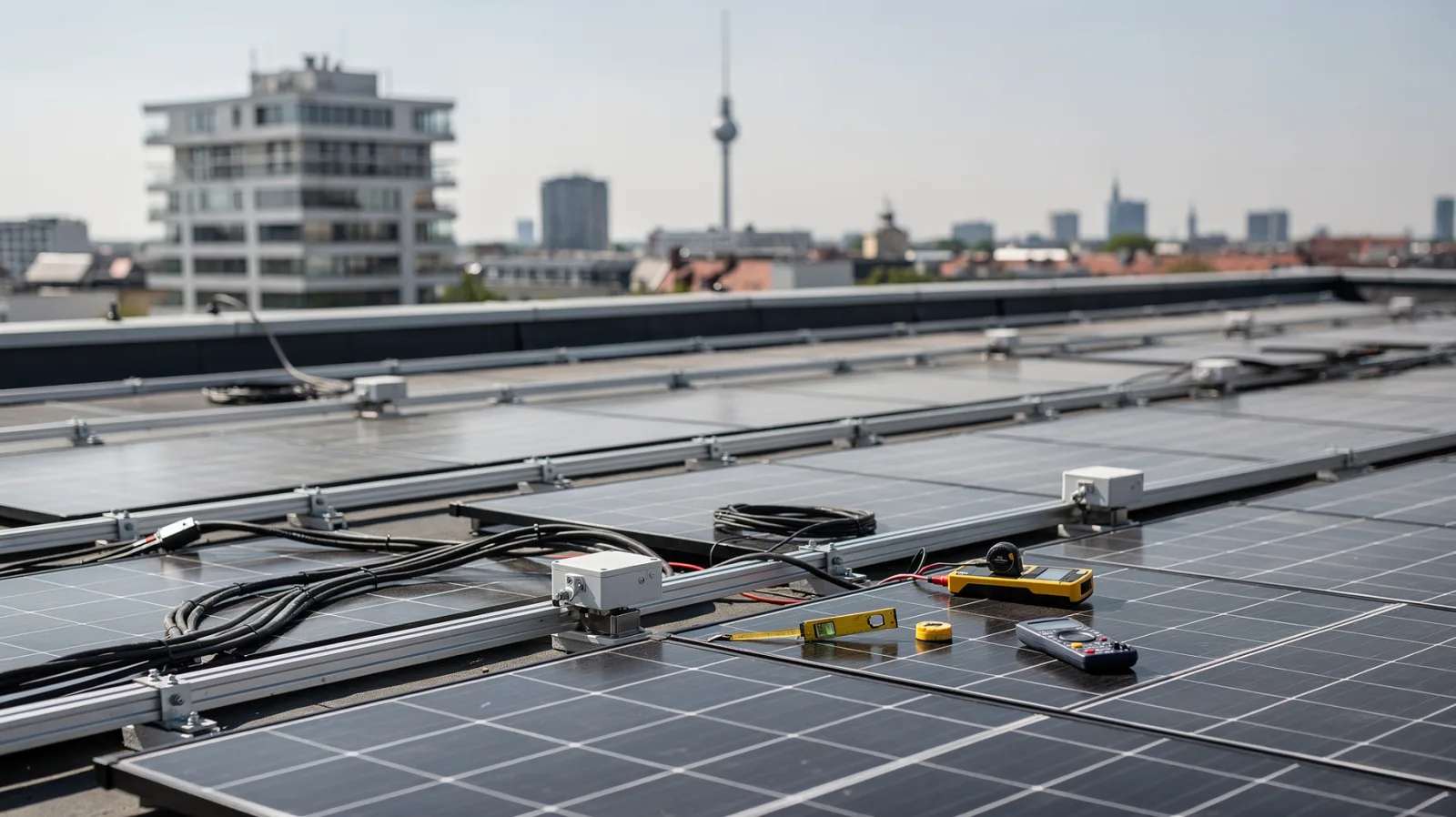 Berliner Wohnhausdach mit Solarmodulen und Blick auf die Stadt bei der Planung einer Solaranlage