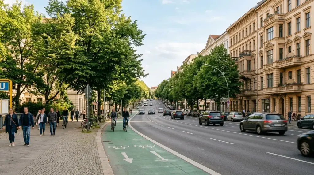 Breite Fahrbahn des Spandauer Damm mit schattigen Straßenbäumen, Altbauten und Radweg an einem sonnigen Nachmittag.