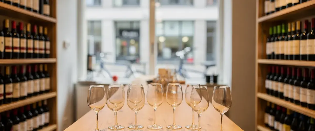 Spanische Rotweine in Berlin: Weinflaschen in einem Weinladen mit Gläsern und Regalen