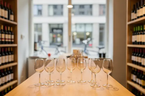 Spanische Rotweine in Berlin: Weinflaschen in einem Weinladen mit Gläsern und Regalen