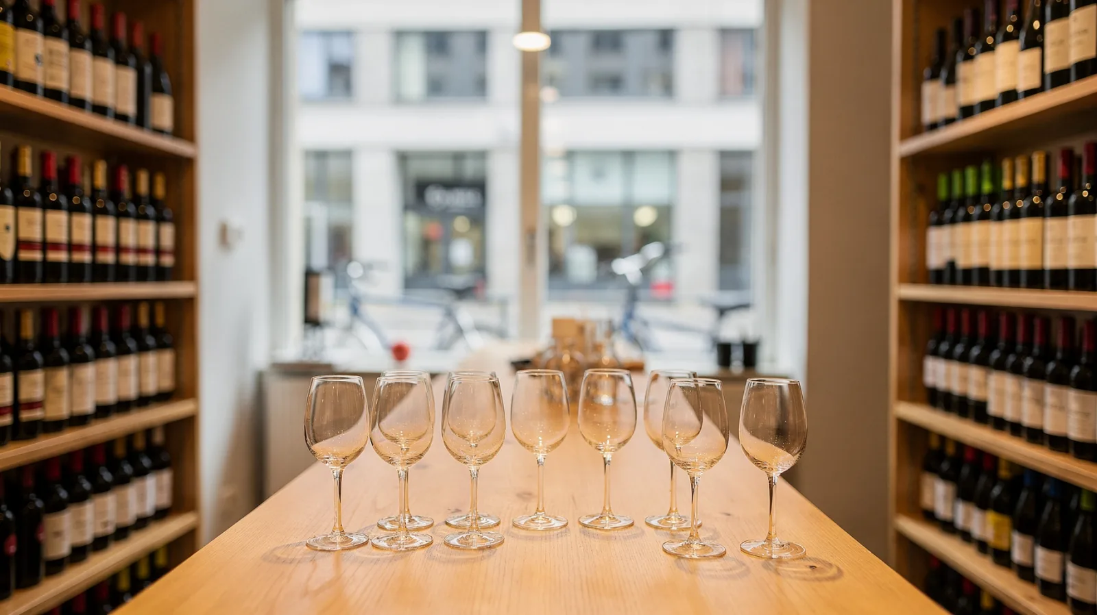 Spanische Rotweine in Berlin: Weinflaschen in einem Weinladen mit Gläsern und Regalen