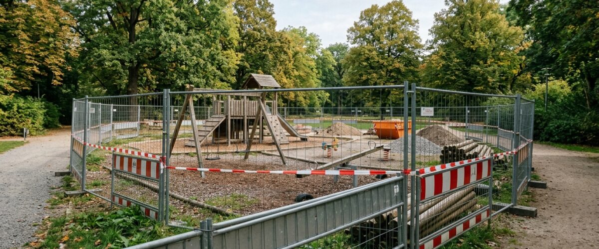 Spielplatz Bellevuepark Köpenick: leerer Spielbereich mit Baustellenabsperrung vor Beginn der Erneuerung, September 2026, ohne Personen