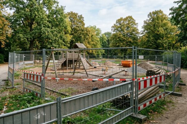 Spielplatz Bellevuepark Köpenick: leerer Spielbereich mit Baustellenabsperrung vor Beginn der Erneuerung, September 2026, ohne Personen