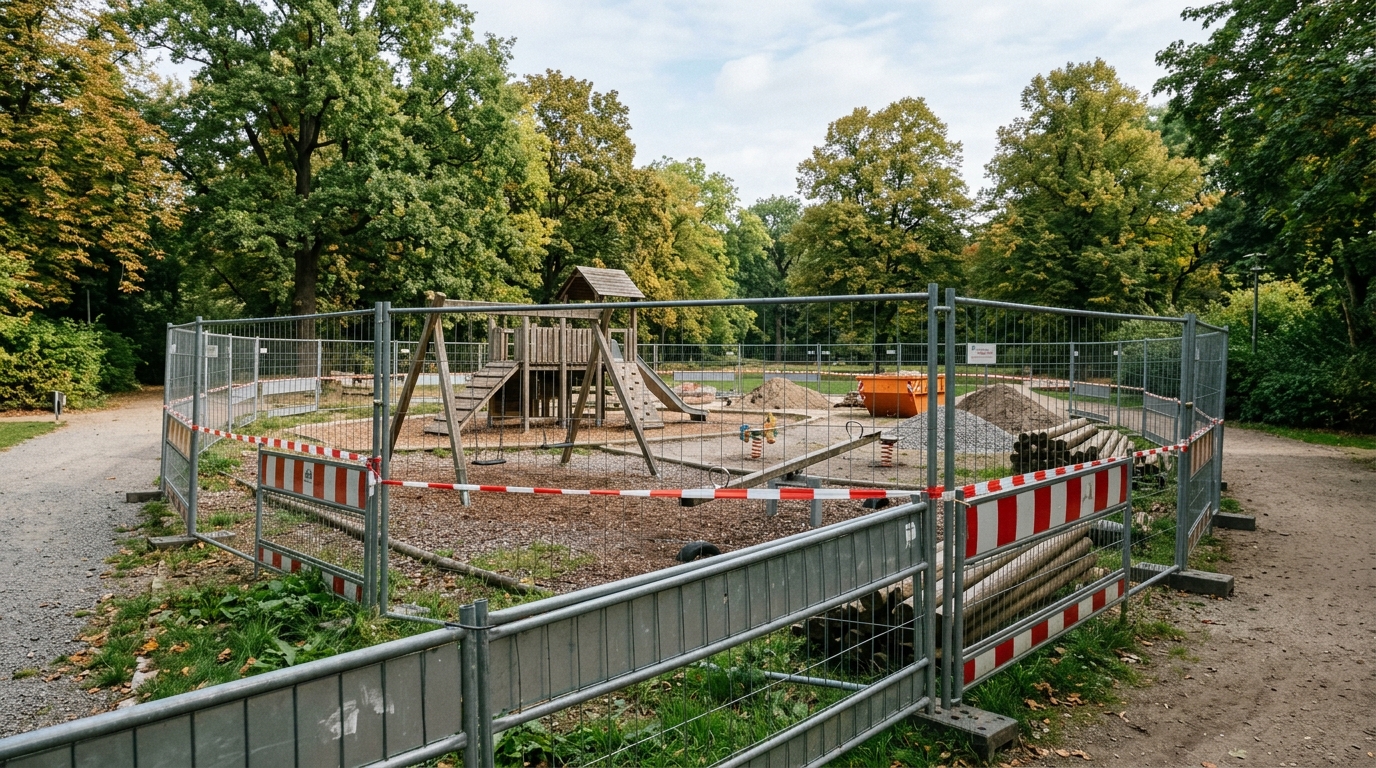 Spielplatz Bellevuepark Köpenick: leerer Spielbereich mit Baustellenabsperrung vor Beginn der Erneuerung, September 2026, ohne Personen